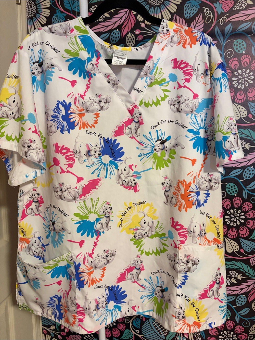 Disney White Floral Dalmatian Print Scrub Top - Multicolor Flower Accents
